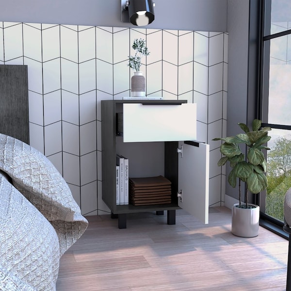 Tuhome Kaia Z Nightstand, One Drawer, One Cabinet, Four Legs, Superior Top, Smokey Oak/White CIB7915 - main